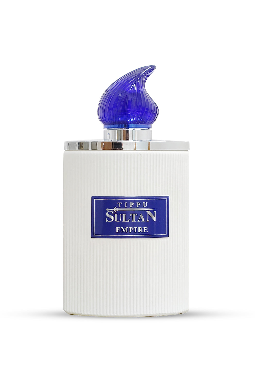A bottle of TIPPU SULTAN EMPIRE EAU DE PARFUM with a blue cap on a white background, displaying the label and the elegant packaging design.