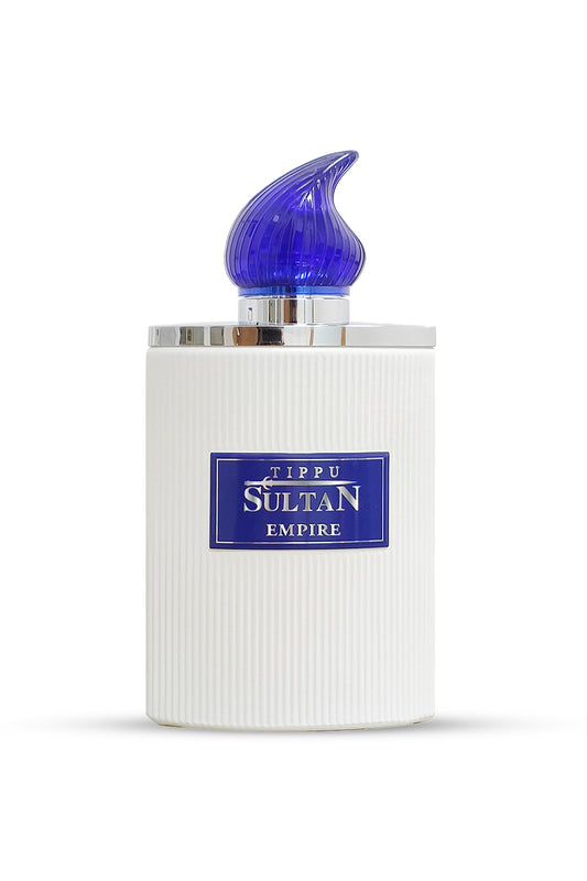 A bottle of TIPPU SULTAN EMPIRE EAU DE PARFUM with a blue cap on a white background, displaying the label and the elegant packaging design.