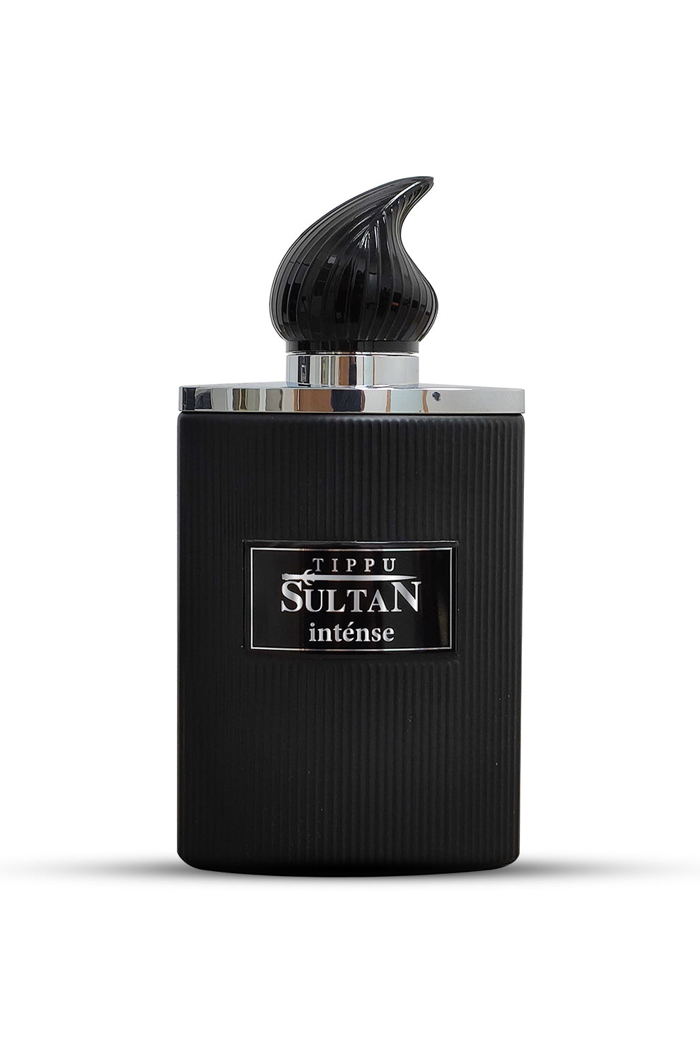 A black perfume bottle with a unique design, featuring a white label with 'TIPPU SULTAN intense' written on it, and a modern, curved cap.