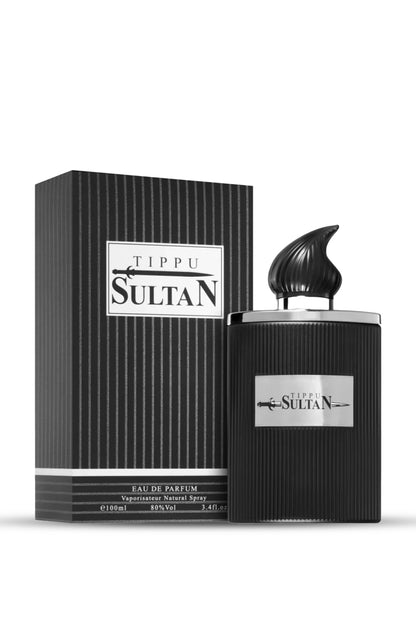 A bottle of Tippu Sultan Legendary Collection Eau de Parfum with a distinctive black cap and packaging, indicating a sophisticated fragrance.