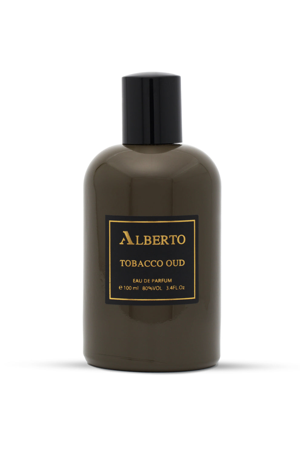 A dark colored bottle of Alberto Tobacco Oud eau de parfum with a black cap and a label that reads 'Alberto TOBACCO OUD EAU DE PARFUM 100 ML'.