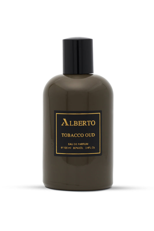 A dark colored bottle of Alberto Tobacco Oud eau de parfum with a black cap and a label that reads 'Alberto TOBACCO OUD EAU DE PARFUM 100 ML'.