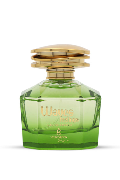 A green perfume bottle with a gold-colored cap, labeled 'WAVES FEELINGS', indicating the scent is 'Sensation 6'.