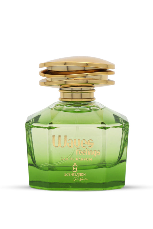 A green perfume bottle with a gold-colored cap, labeled 'WAVES FEELINGS', indicating the scent is 'Sensation 6'.