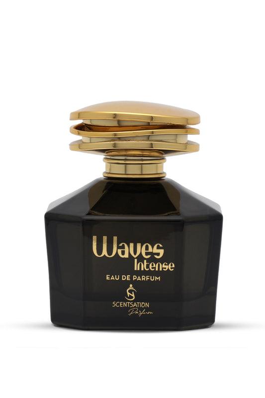 A black perfume bottle with gold details on the cap, labeled 'Waves Intense Eau de Parfum'.