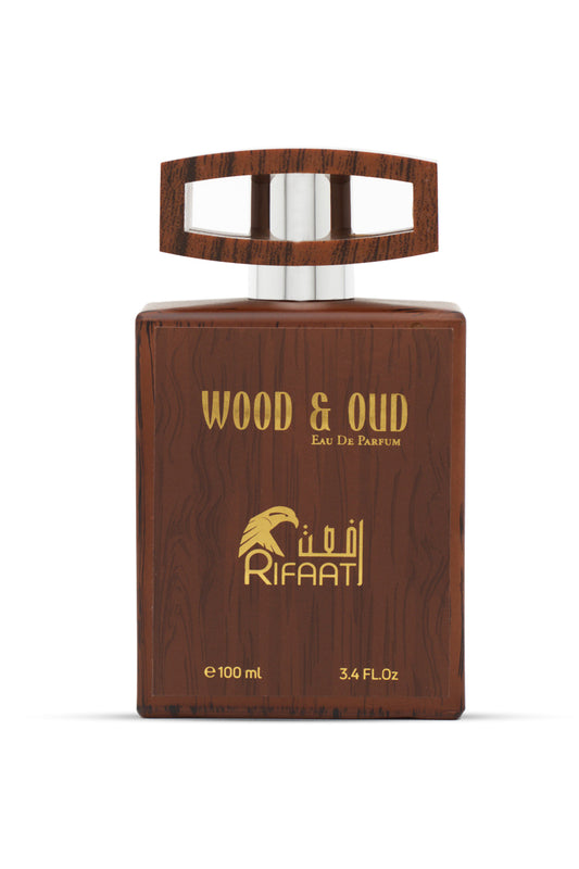 A bottle of RIFAAT WOOD & OUD EAU DE PARFUM 100 ML with a wooden cap and a clear glass body, showcasing the brown colored perfume liquid.