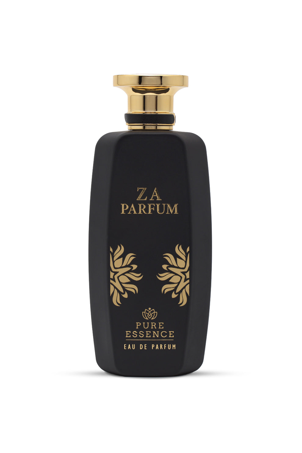 A black perfume bottle with gold accents, labeled 'ZA PARFUM PURE ESSENCE EAU DE PARFUM 100 ML'.