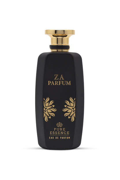 A black perfume bottle with gold accents, labeled 'ZA PARFUM PURE ESSENCE EAU DE PARFUM 100 ML'.
