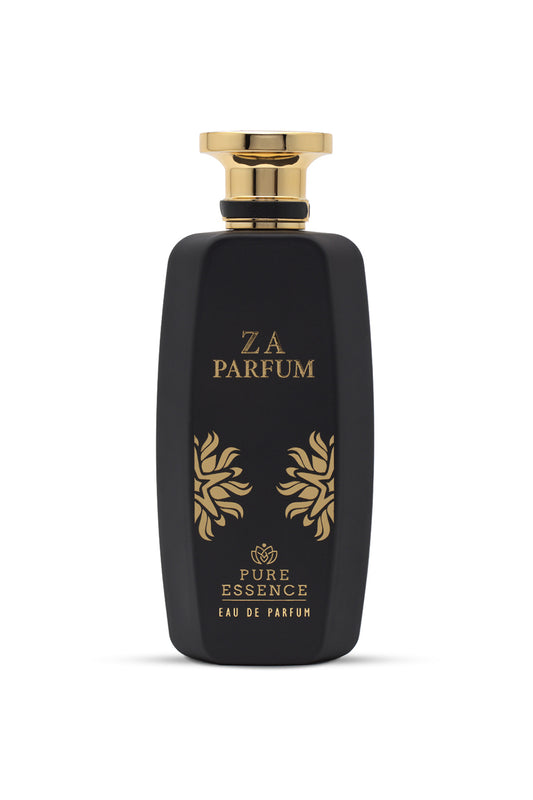 A black perfume bottle with gold accents, labeled 'ZA PARFUM PURE ESSENCE EAU DE PARFUM 100 ML'.