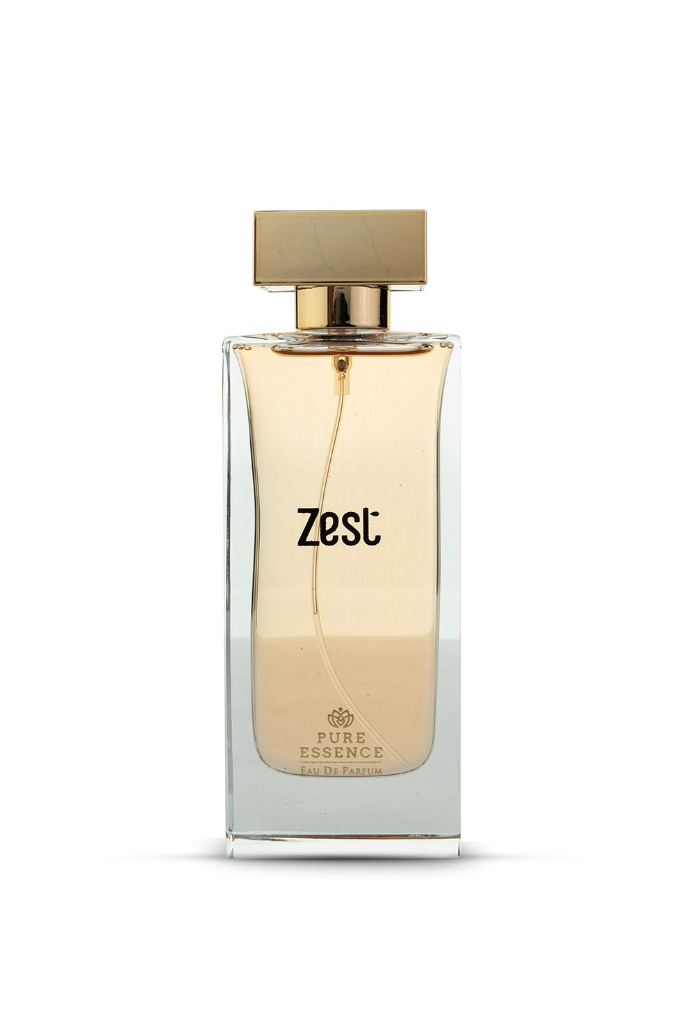A clear glass bottle of ZEST eau de parfum with a gold-colored cap.